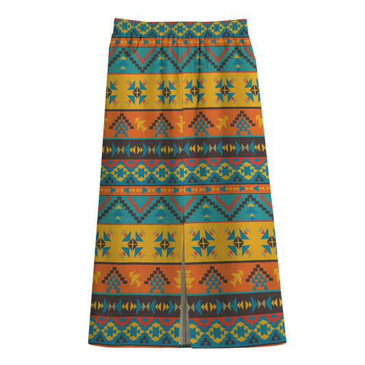 Native Indian Inspired Pattern Print Cotton Front Slit Maxi Skirt