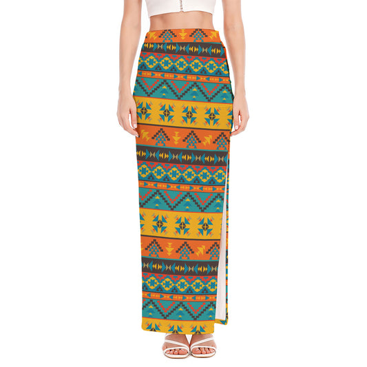 Native Indian Inspired Pattern Print High Slit Maxi Skirt