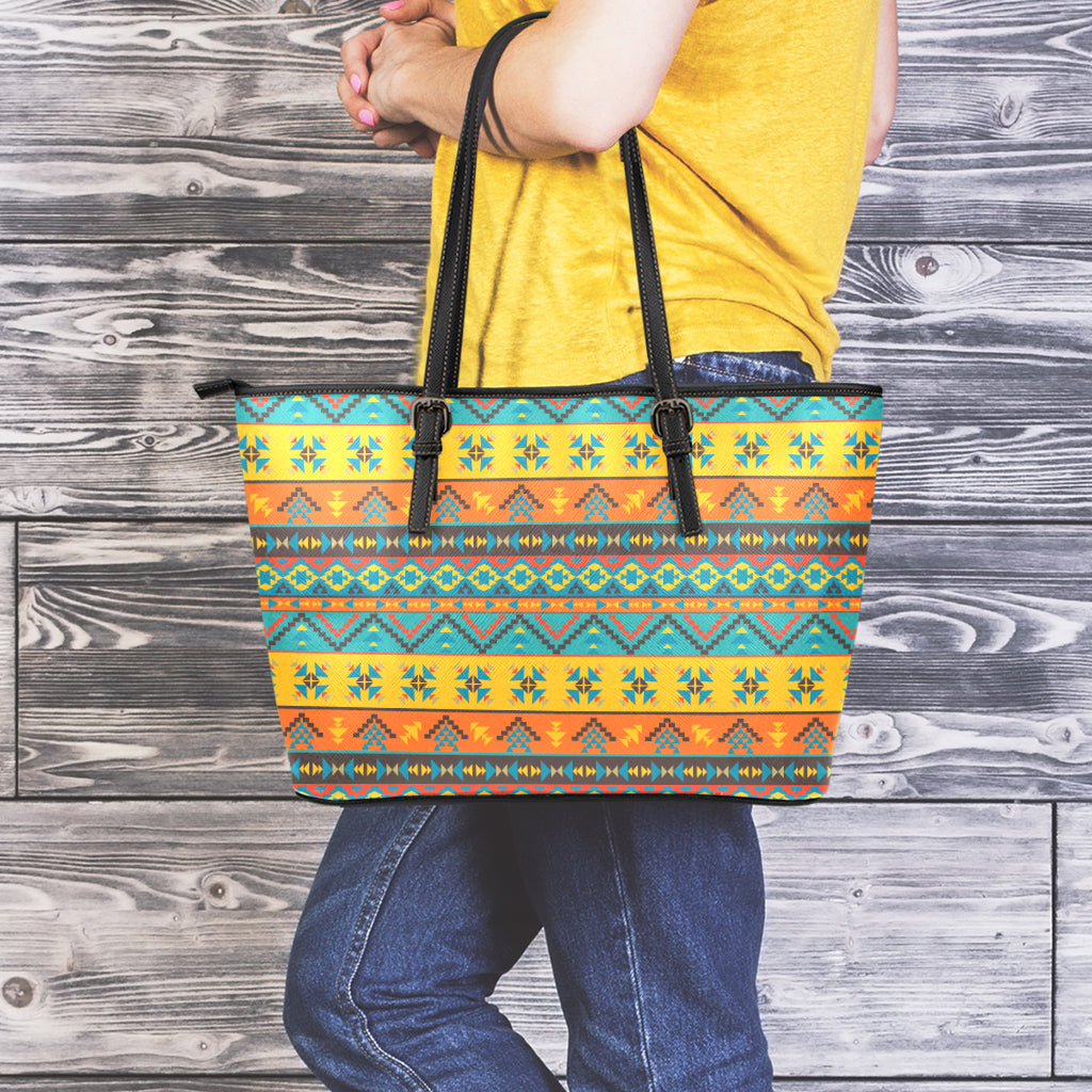 Native Indian Inspired Pattern Print Leather Tote Bag