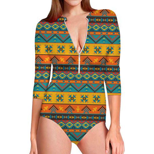 Native Indian Inspired Pattern Print Long Sleeve Swimsuit