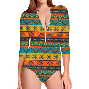 Native Indian Inspired Pattern Print Long Sleeve Swimsuit