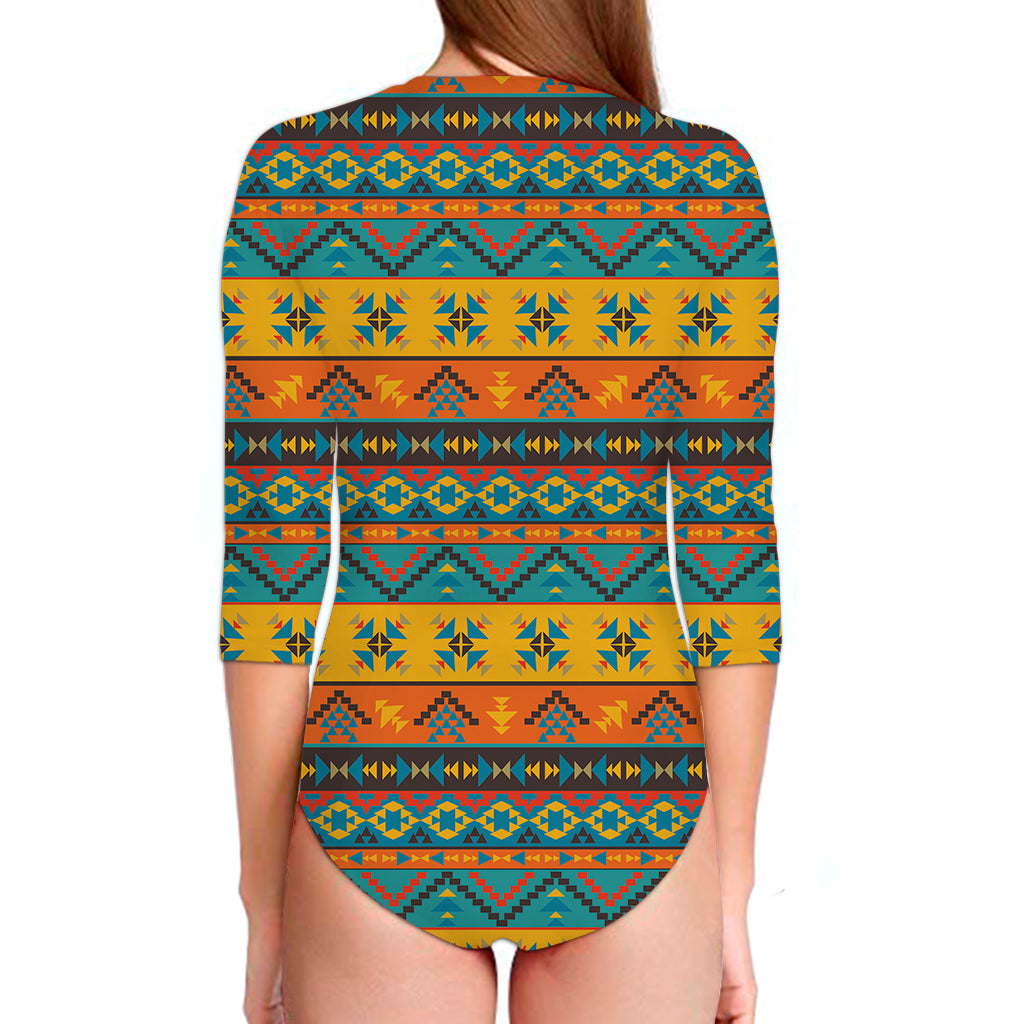 Native Indian Inspired Pattern Print Long Sleeve Swimsuit