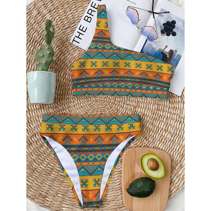 Native Indian Inspired Pattern Print One Shoulder Bikini Top