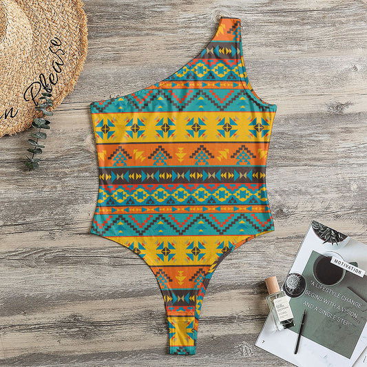 Native Indian Inspired Pattern Print One Shoulder Bodysuit