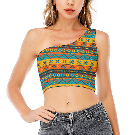 Native Indian Inspired Pattern Print One Shoulder Crop Top
