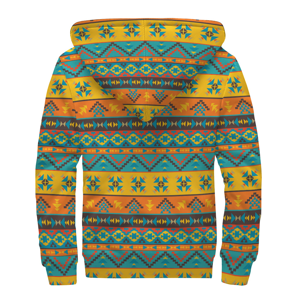 Native Indian Inspired Pattern Print Sherpa Lined Zip Up Hoodie