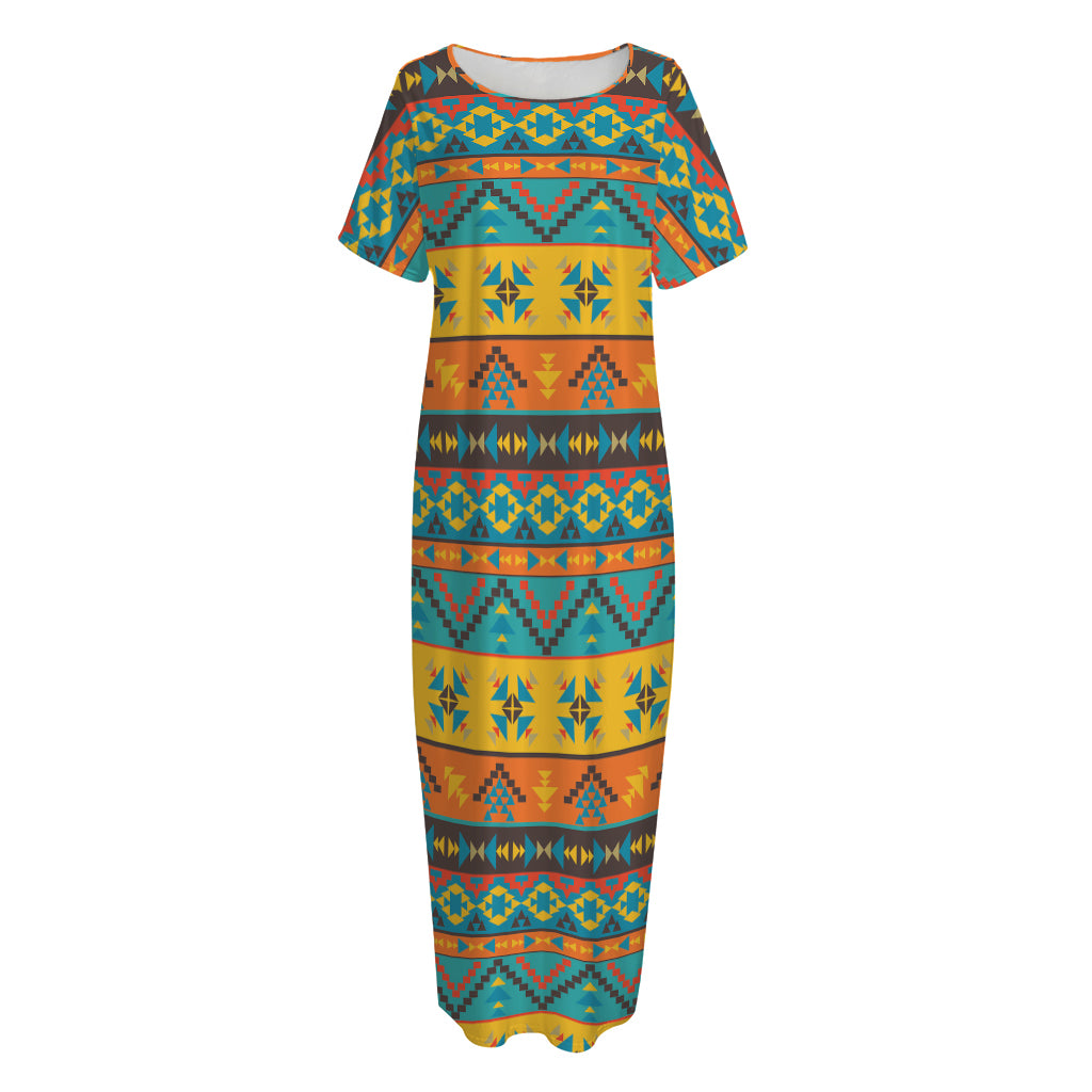 Native Indian Inspired Pattern Print Short Sleeve Long Nightdress