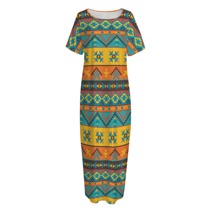 Native Indian Inspired Pattern Print Short Sleeve Long Nightdress