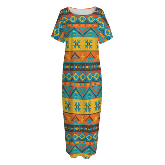 Native Indian Inspired Pattern Print Short Sleeve Long Nightdress