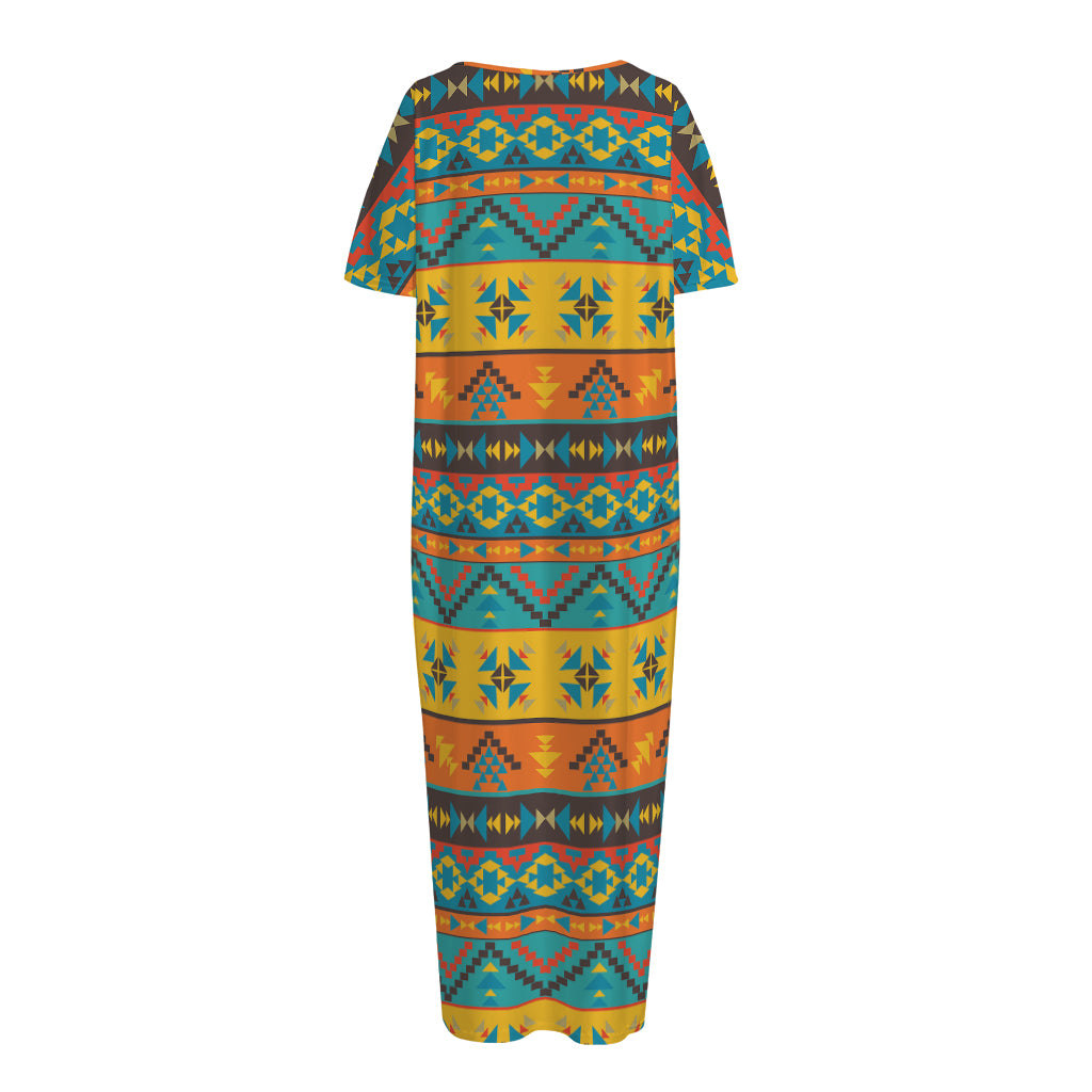 Native Indian Inspired Pattern Print Short Sleeve Long Nightdress