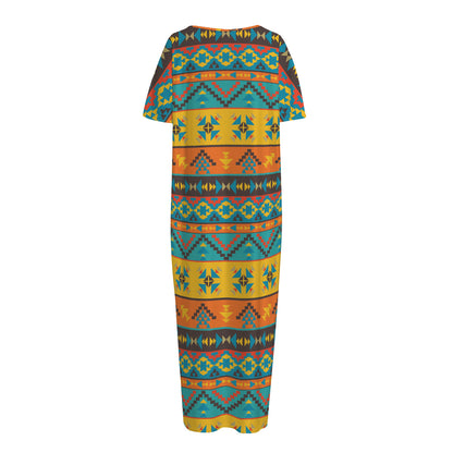 Native Indian Inspired Pattern Print Short Sleeve Long Nightdress