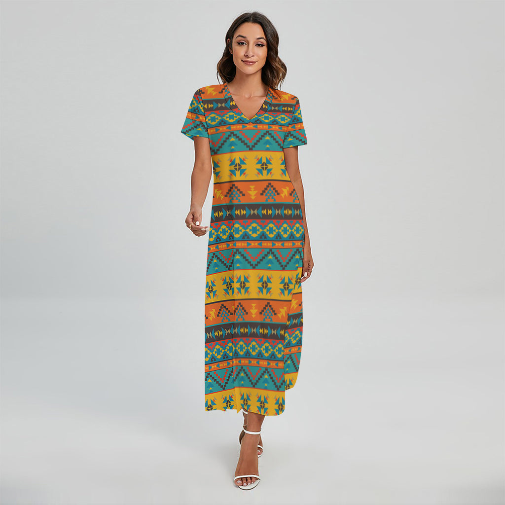 Native Indian Inspired Pattern Print Short Sleeve Maxi Dress