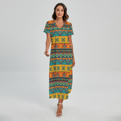 Native Indian Inspired Pattern Print Short Sleeve Maxi Dress