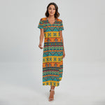 Native Indian Inspired Pattern Print Short Sleeve Maxi Dress