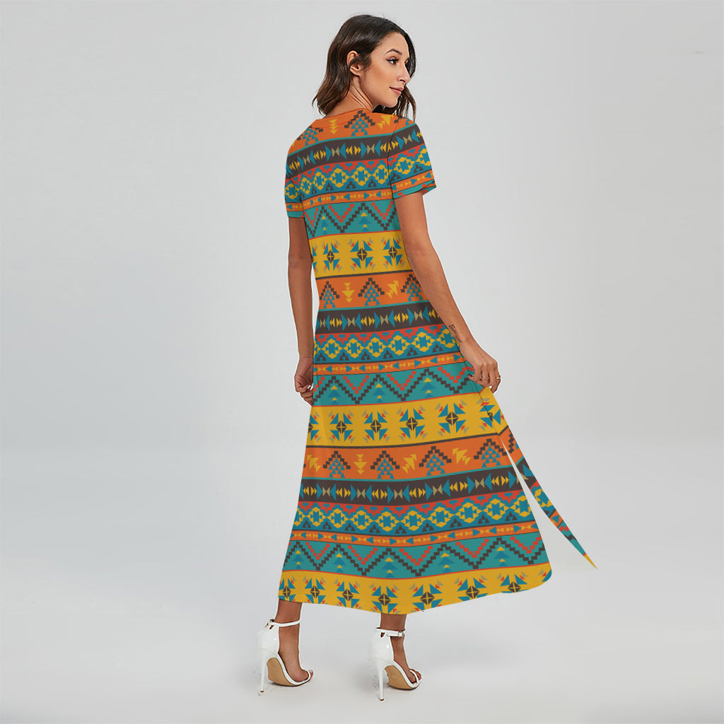 Native Indian Inspired Pattern Print Short Sleeve Maxi Dress