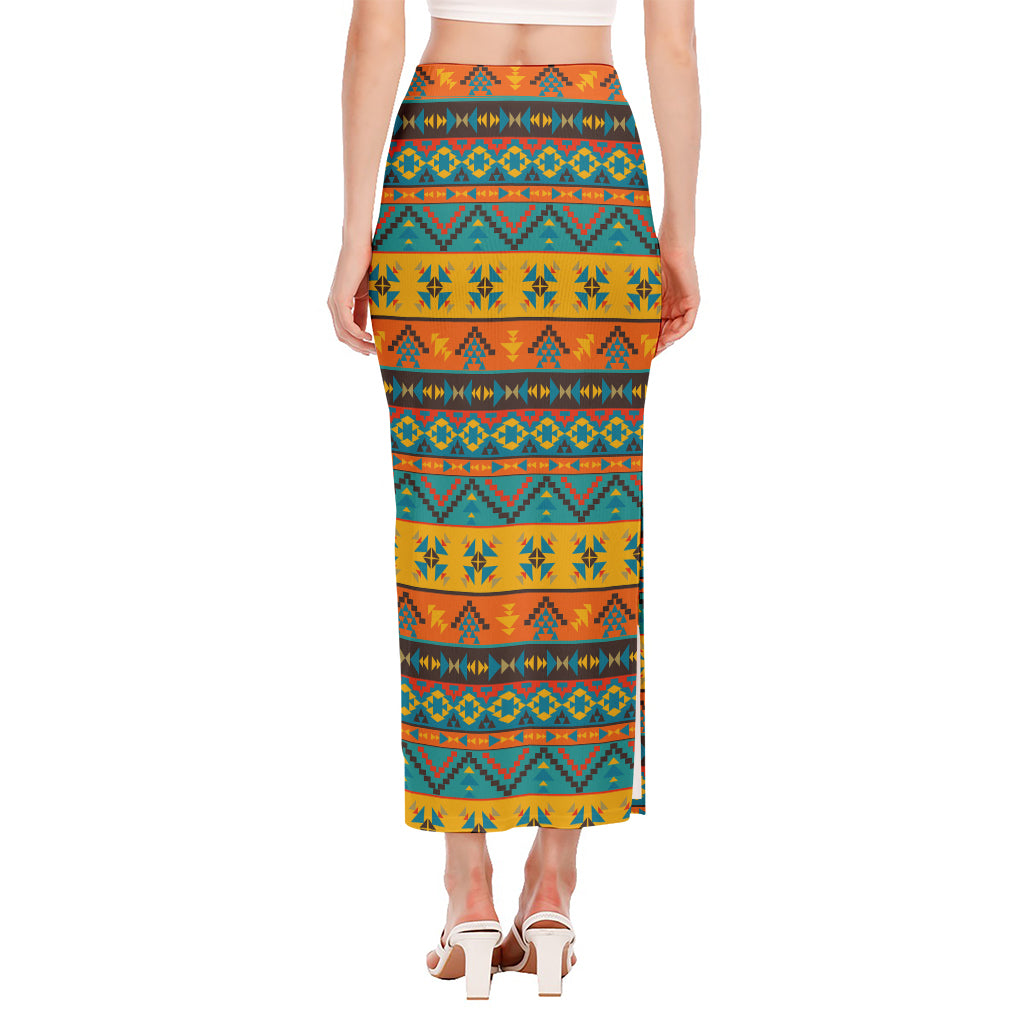 Native Indian Inspired Pattern Print Side Slit Maxi Skirt