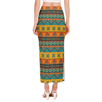 Native Indian Inspired Pattern Print Side Slit Maxi Skirt
