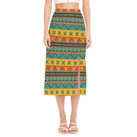 Native Indian Inspired Pattern Print Side Slit Midi Skirt