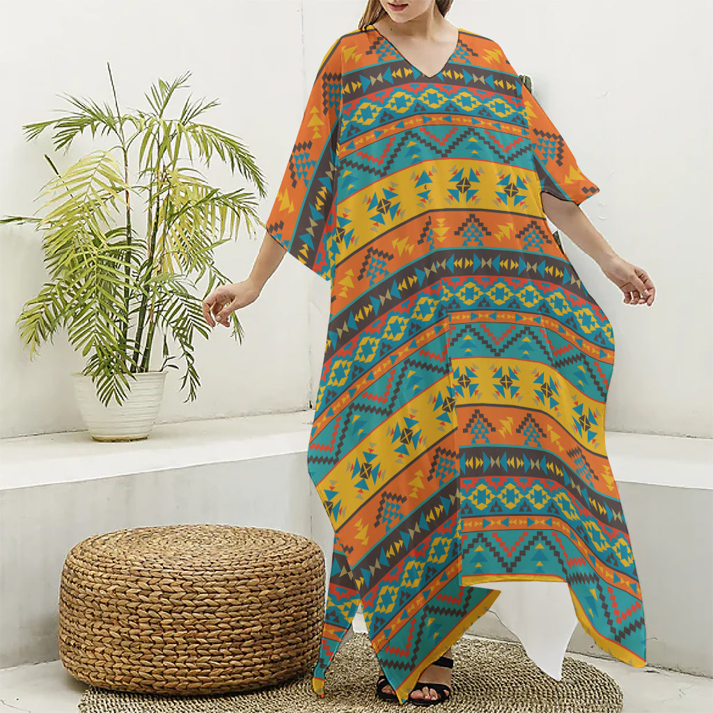 Native Indian Inspired Pattern Print Silk V-Neck Kaftan Dress