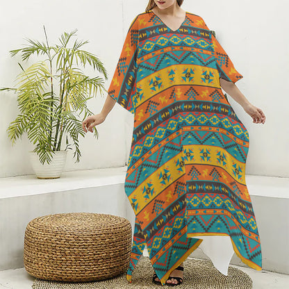 Native Indian Inspired Pattern Print Silk V-Neck Kaftan Dress