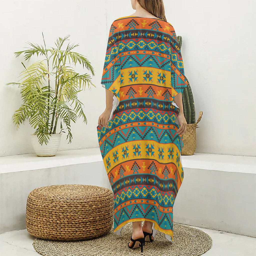 Native Indian Inspired Pattern Print Silk V-Neck Kaftan Dress