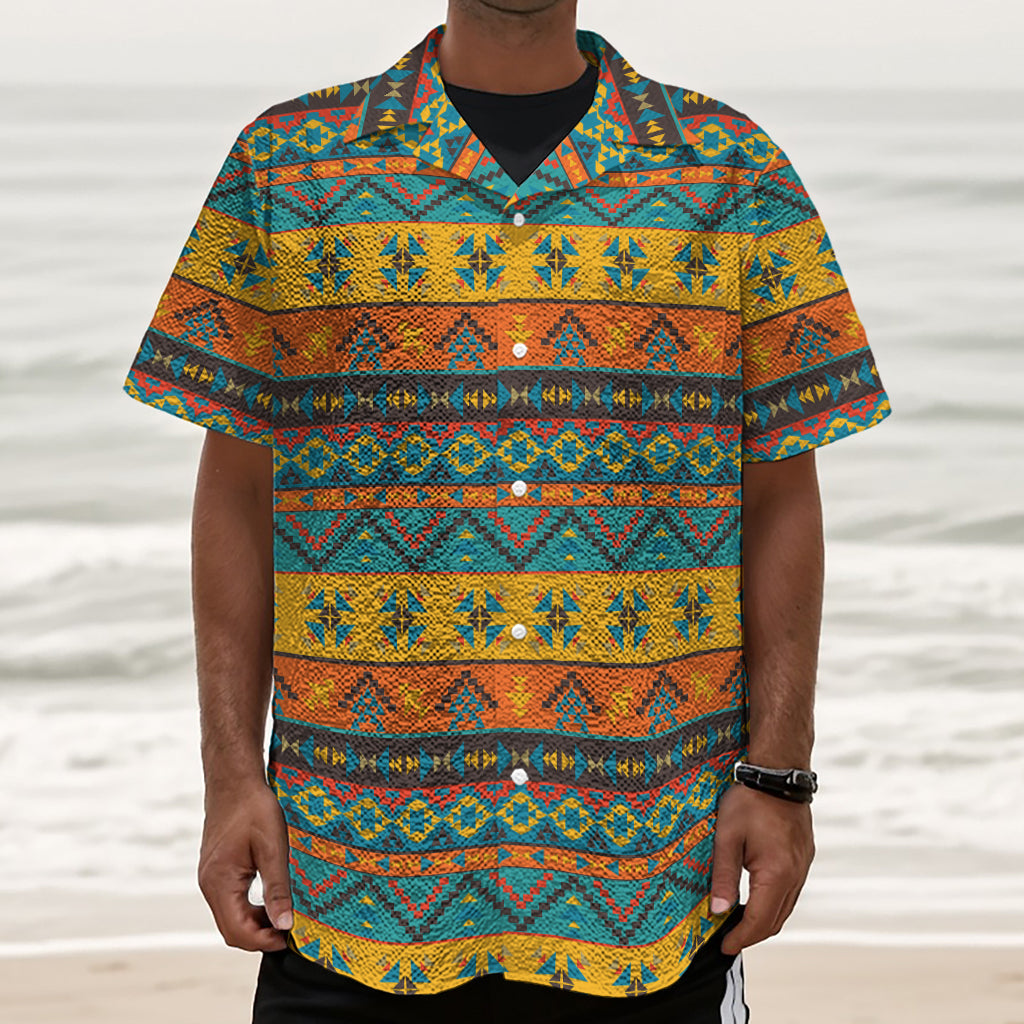 Native Indian Inspired Pattern Print Textured Short Sleeve Shirt