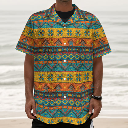 Native Indian Inspired Pattern Print Textured Short Sleeve Shirt
