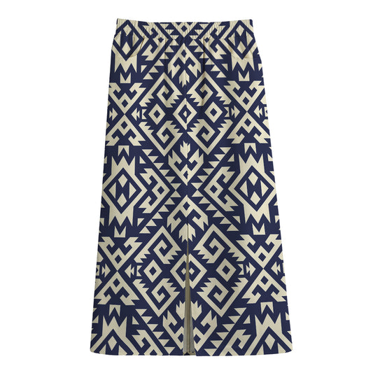 Native Indian Navajo Pattern Print Cotton Front Slit Maxi Skirt