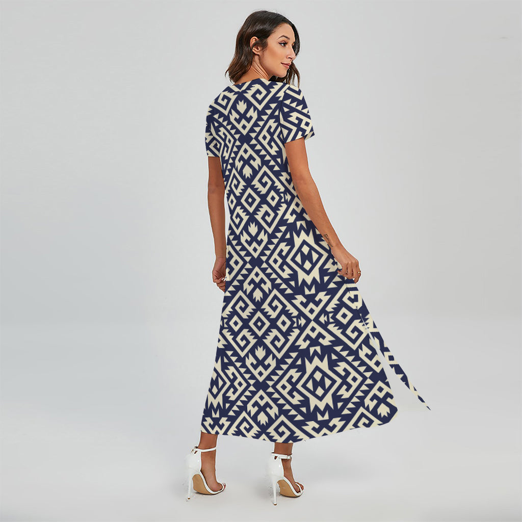 Native Indian Navajo Pattern Print Short Sleeve Maxi Dress