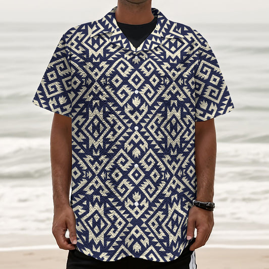 Native Indian Navajo Pattern Print Textured Short Sleeve Shirt