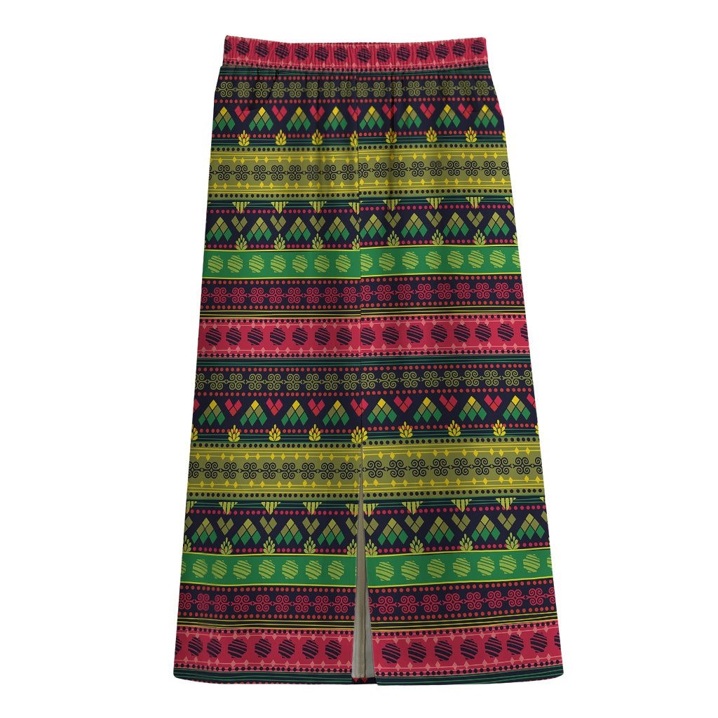 Native Indian Tribal Pattern Print Cotton Front Slit Maxi Skirt