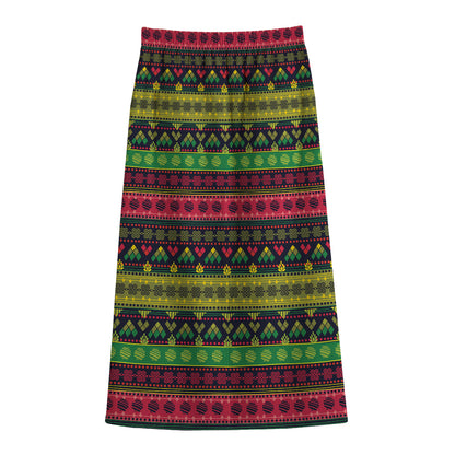 Native Indian Tribal Pattern Print Cotton Front Slit Maxi Skirt