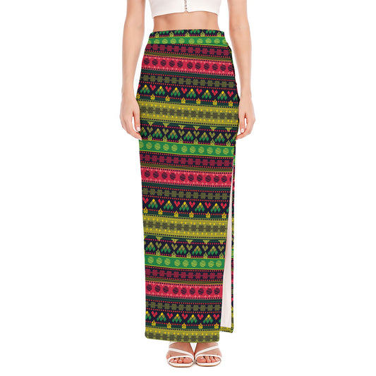 Native Indian Tribal Pattern Print High Slit Maxi Skirt