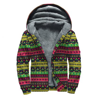 Native Indian Tribal Pattern Print Sherpa Lined Zip Up Hoodie
