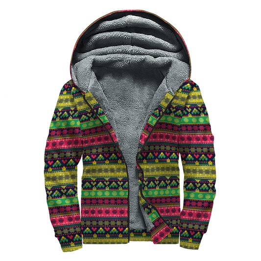 Native Indian Tribal Pattern Print Sherpa Lined Zip Up Hoodie