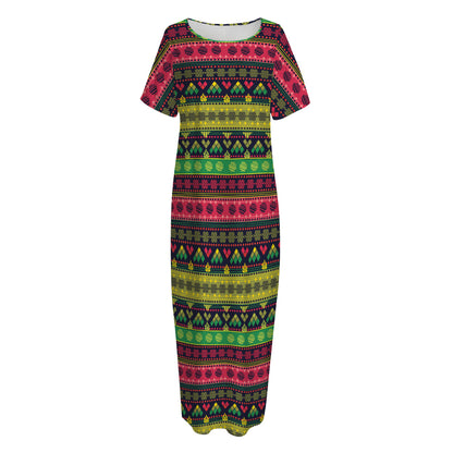 Native Indian Tribal Pattern Print Short Sleeve Long Nightdress