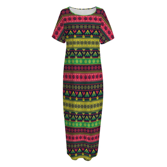 Native Indian Tribal Pattern Print Short Sleeve Long Nightdress