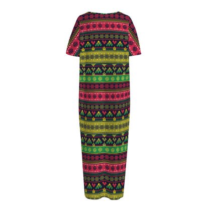 Native Indian Tribal Pattern Print Short Sleeve Long Nightdress