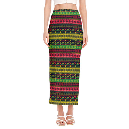 Native Indian Tribal Pattern Print Side Slit Maxi Skirt
