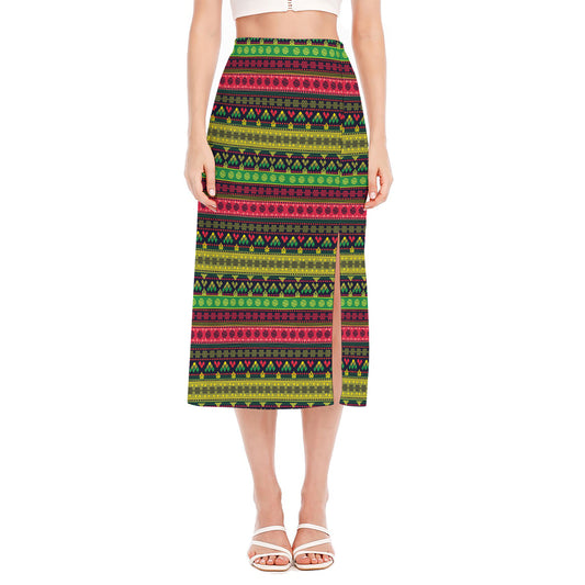 Native Indian Tribal Pattern Print Side Slit Midi Skirt