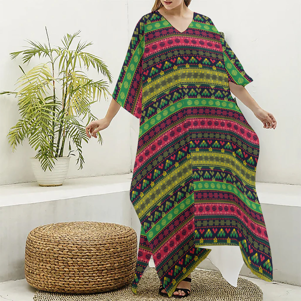 Native Indian Tribal Pattern Print Silk V-Neck Kaftan Dress