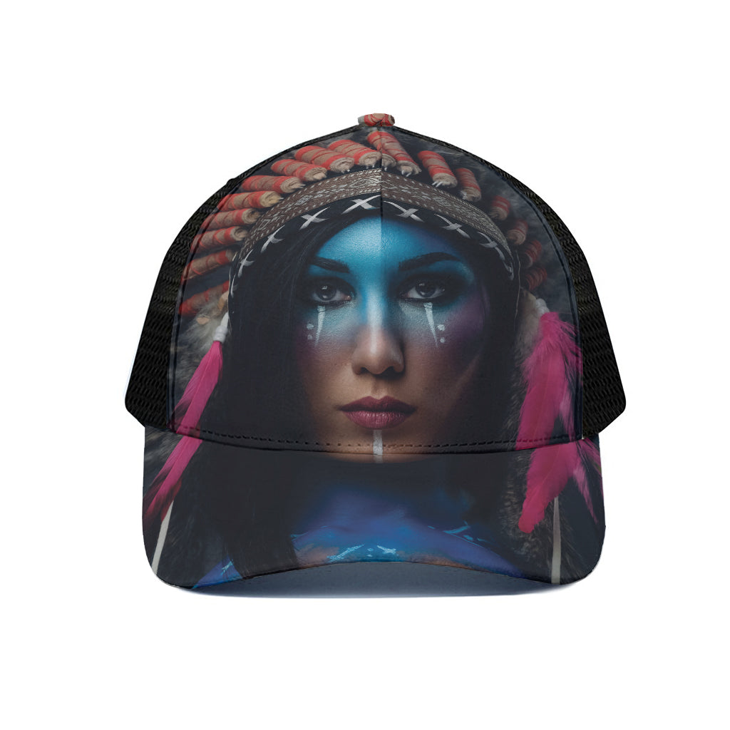 Native Indian Woman Portrait Print Black Mesh Trucker Cap