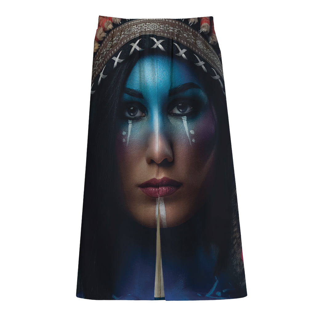 Native Indian Woman Portrait Print Cotton Front Slit Maxi Skirt