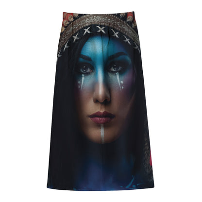 Native Indian Woman Portrait Print Cotton Front Slit Maxi Skirt