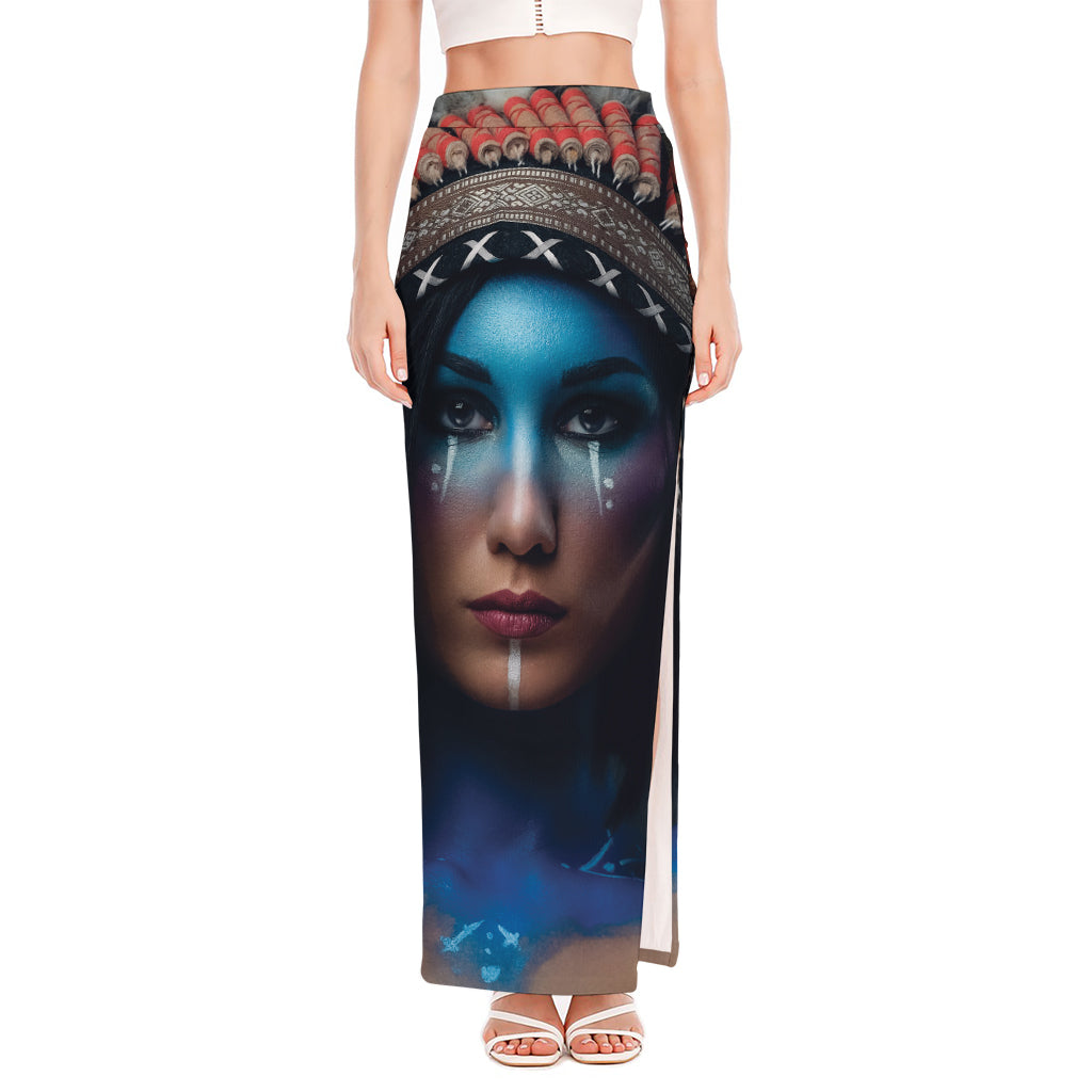 Native Indian Woman Portrait Print High Slit Maxi Skirt