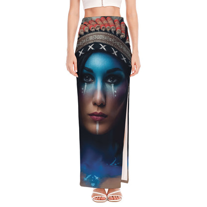Native Indian Woman Portrait Print High Slit Maxi Skirt