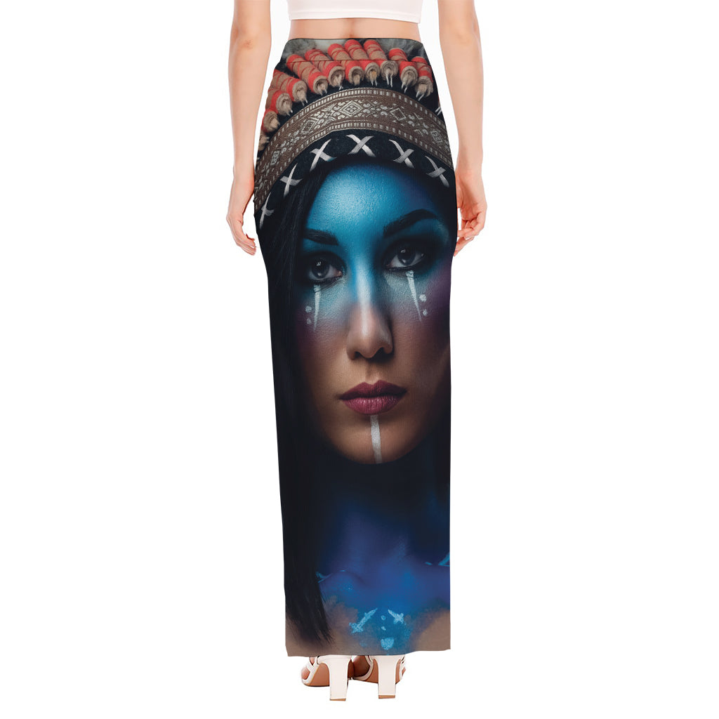 Native Indian Woman Portrait Print High Slit Maxi Skirt