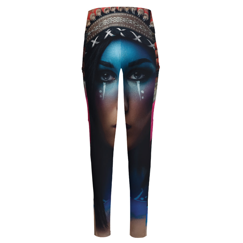 Native Indian Woman Portrait Print High-Waisted Pocket Leggings