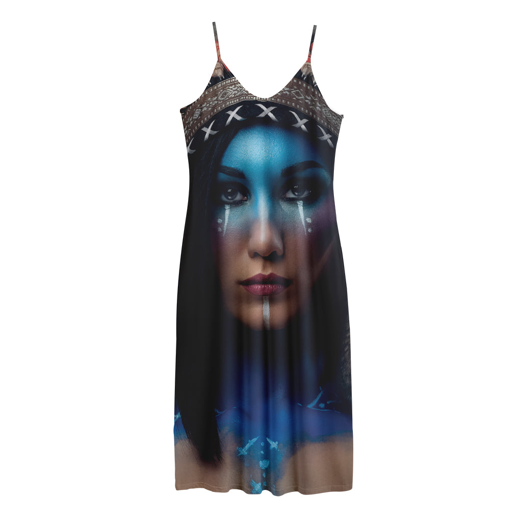 Native Indian Woman Portrait Print Jersey Midi Cami Dress