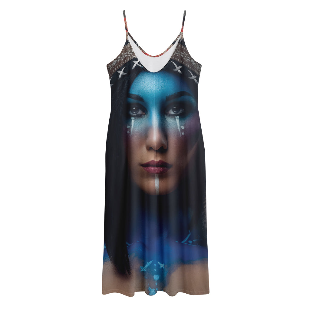 Native Indian Woman Portrait Print Jersey Midi Cami Dress